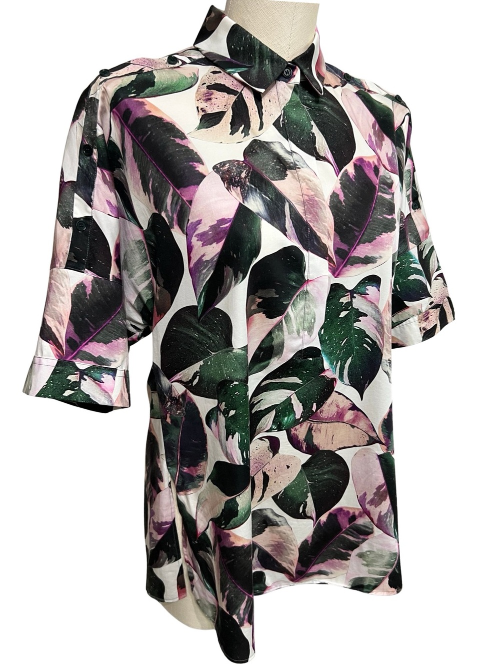 Akris Punto Botanical Leaf Print Cotton Button Front Blouse Top US 6